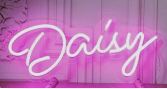 DAISY Name LED Neon Sign by Neon.Shop glowing brightly, custom LED name light for bedroom décor, nurseries, salons, parties, and personalized home styling.