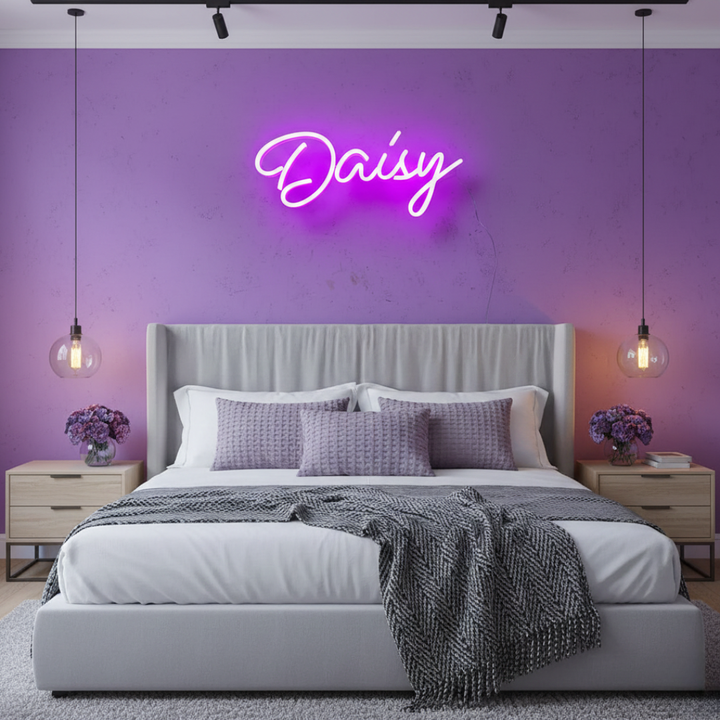 DAISY Name LED Neon Sign by Neon.Shop glowing brightly, custom LED name light for bedroom décor, nurseries, salons, parties, and personalized home styling.