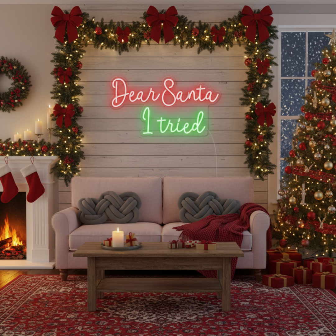 Dear Santa, I Tried Merry Christmas Neon Sign by Neon.Shop featuring playful glowing lettering for holiday décor.