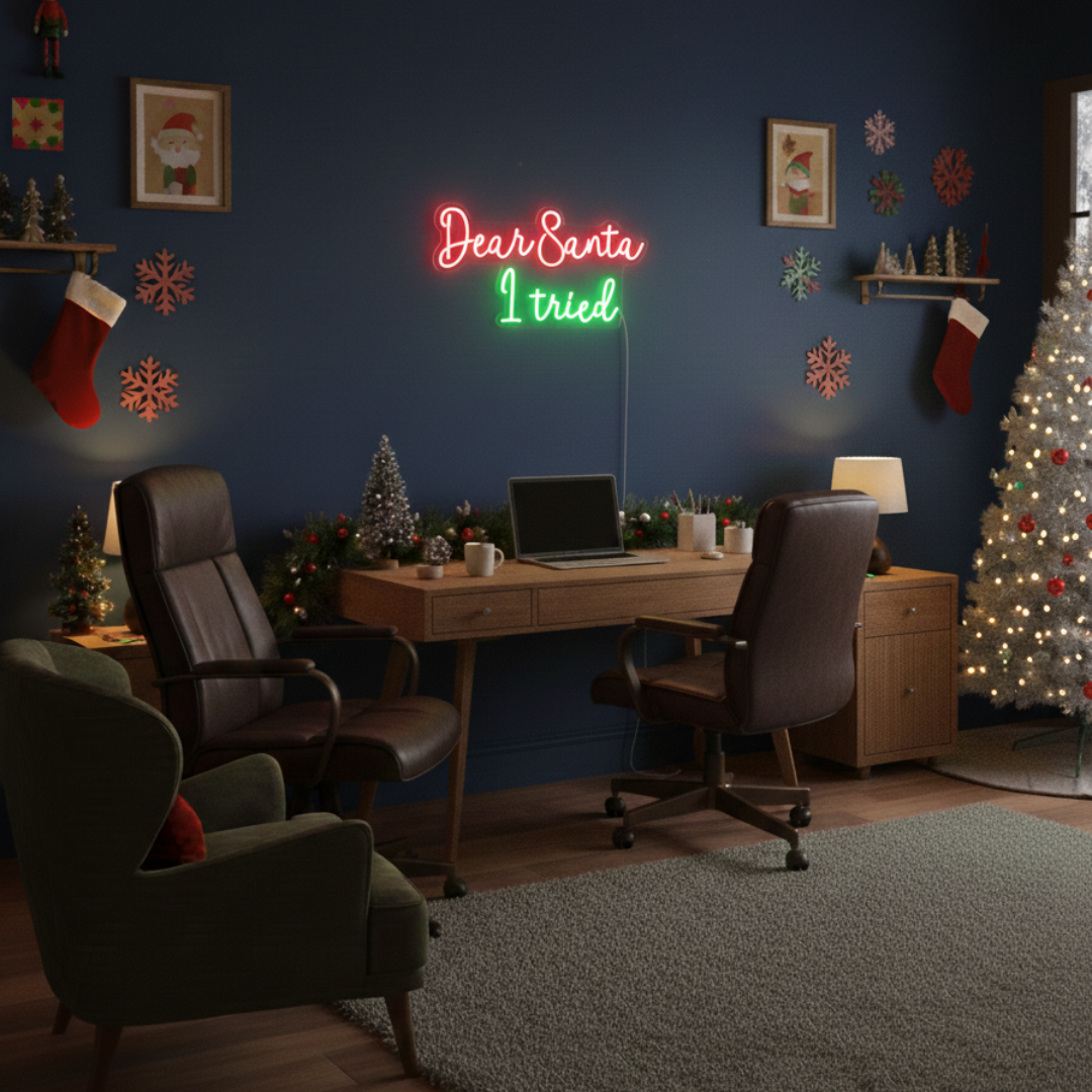 Dear Santa, I Tried Merry Christmas Neon Sign by Neon.Shop featuring playful glowing lettering for holiday décor.