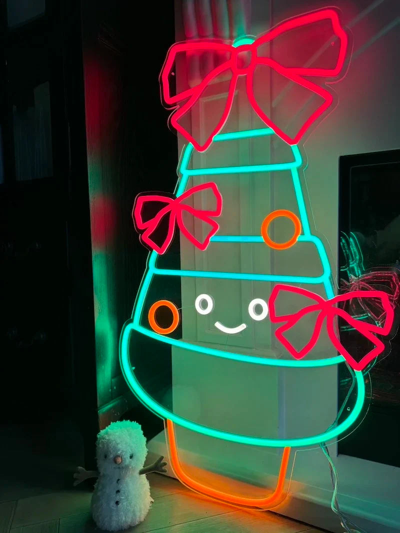 Decorated Christmas Tree Merry Christmas Neon Sign by Neon.Shop featuring a glowing Christmas tree with ornaments.