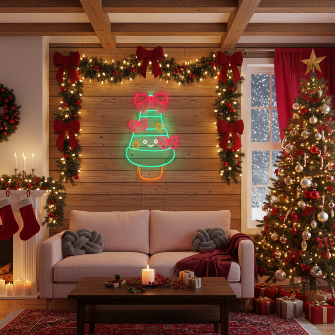 Decorated Christmas Tree Merry Christmas Neon Sign by Neon.Shop featuring a glowing Christmas tree with ornaments.