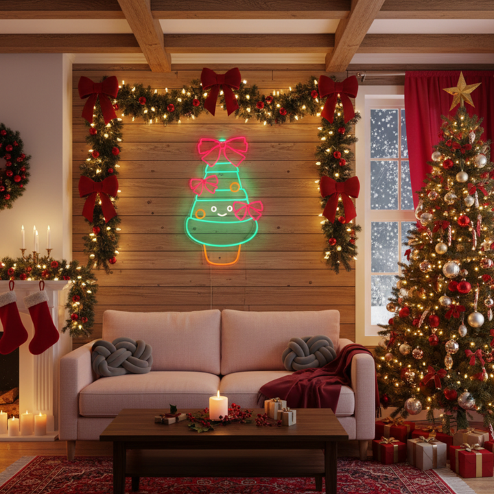 Decorated Christmas Tree Merry Christmas Neon Sign by Neon.Shop featuring a glowing Christmas tree with ornaments.
