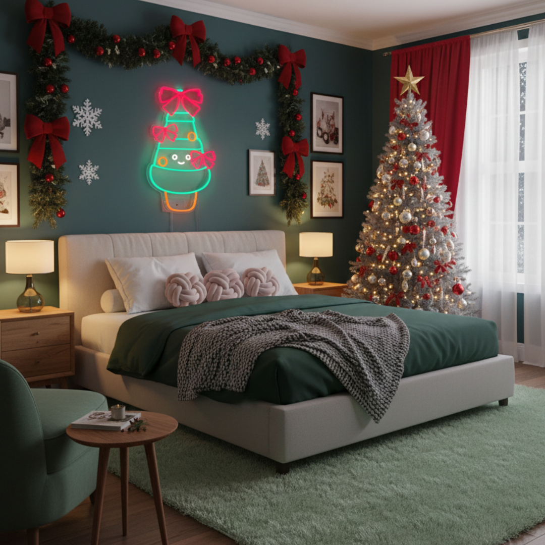 Decorated Christmas Tree Merry Christmas Neon Sign by Neon.Shop featuring a glowing Christmas tree with ornaments.