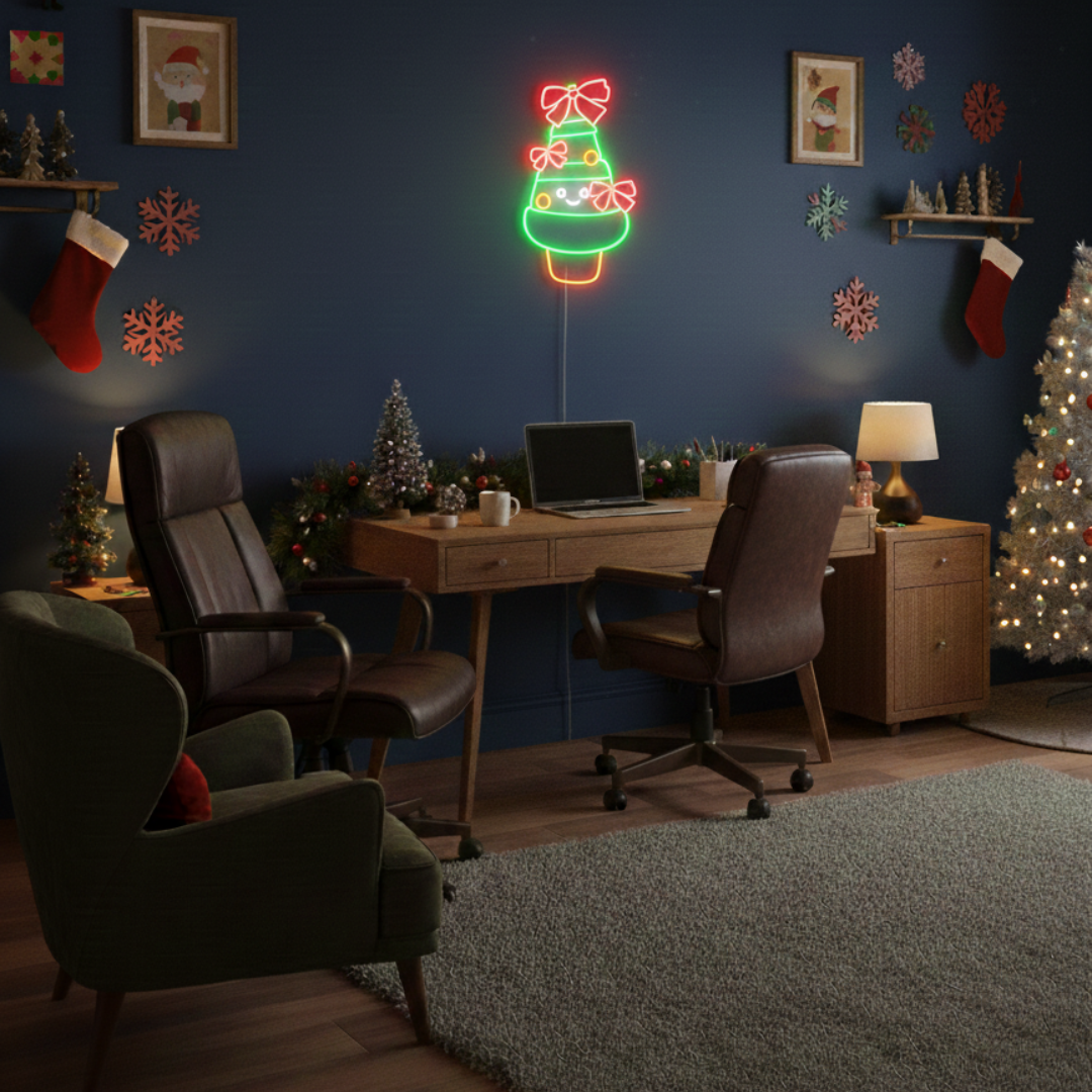 Decorated Christmas Tree Merry Christmas Neon Sign by Neon.Shop featuring a glowing Christmas tree with ornaments.