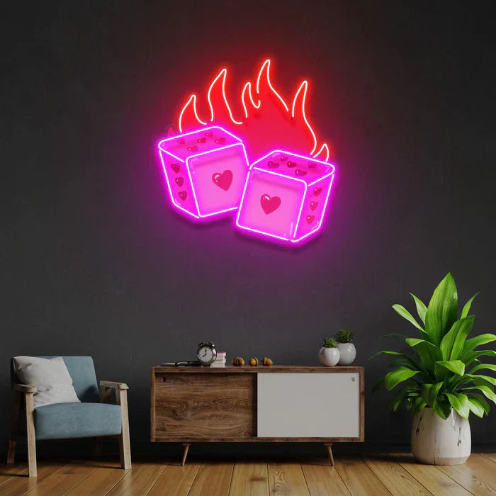 Dice Love UV Art LED neon sign with heart and dice-inspired illustration glowing in vibrant colors by Neon.Shop