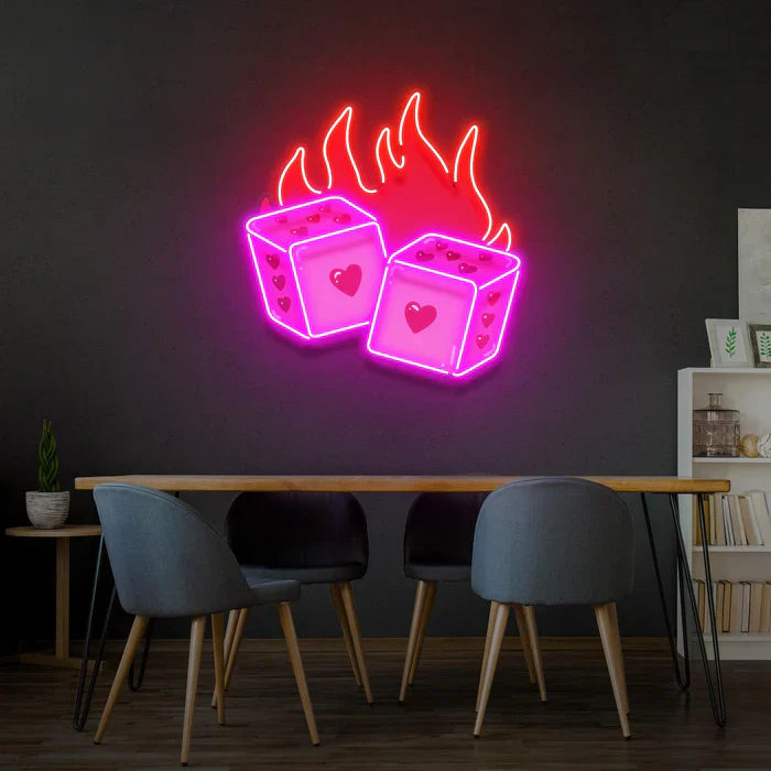 Dice Love UV Art LED neon sign with heart and dice-inspired illustration glowing in vibrant colors by Neon.Shop