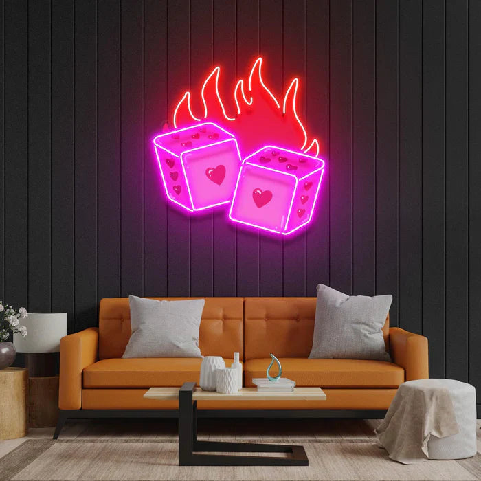 Dice Love UV Art LED neon sign with heart and dice-inspired illustration glowing in vibrant colors by Neon.Shop