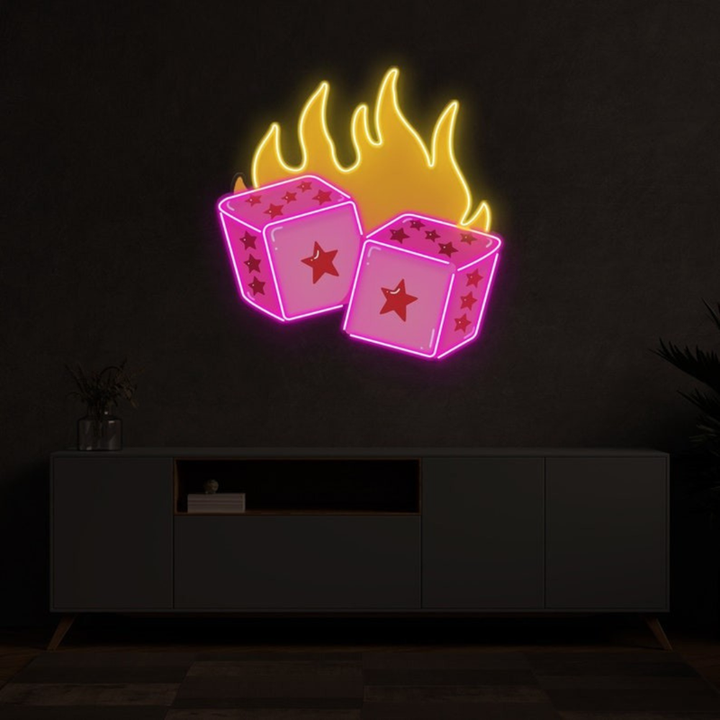 Dice Love UV Art LED neon sign with heart and dice-inspired illustration glowing in vibrant colors by Neon.Shop