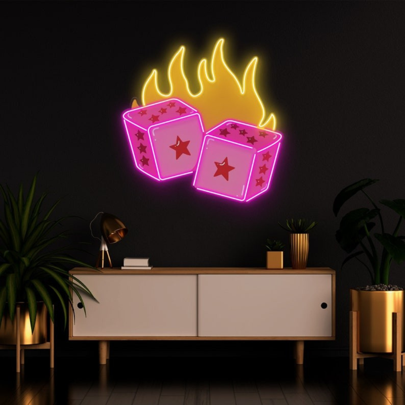 Dice Love UV Art LED neon sign with heart and dice-inspired illustration glowing in vibrant colors by Neon.Shop