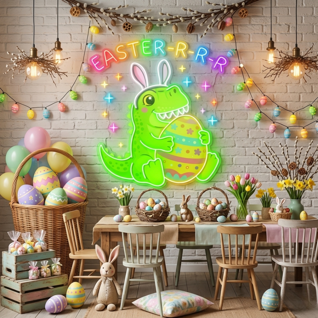 Dinosaur Easter Neon Sign glowing LED wall decor by Neon.Shop