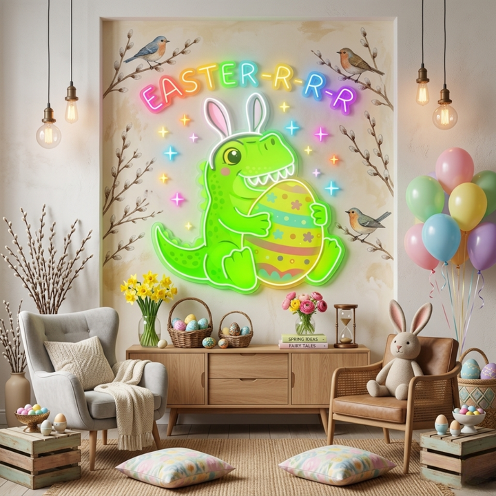 Dinosaur Easter Neon Sign glowing LED wall decor by Neon.Shop