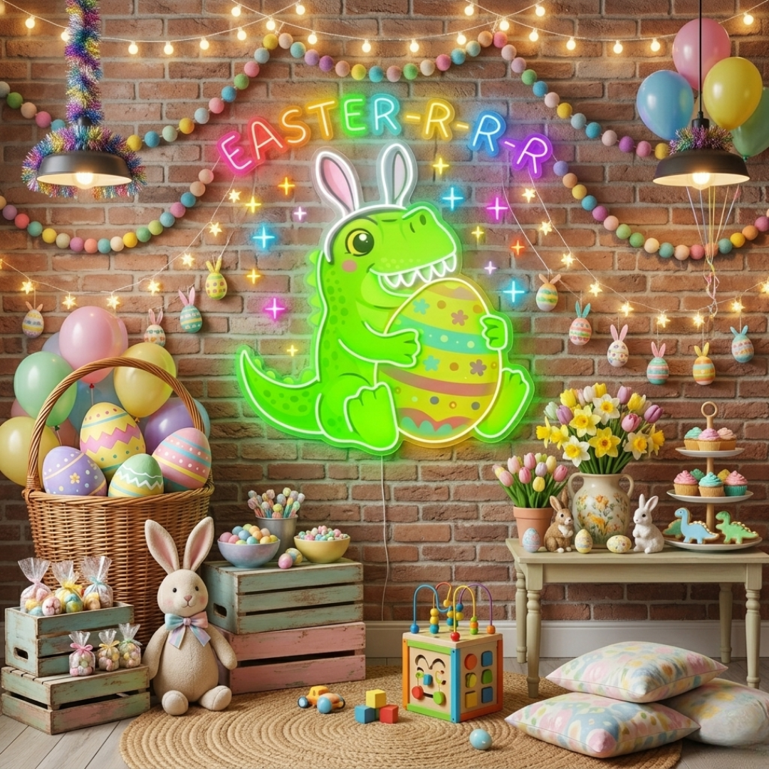 Dinosaur Easter Neon Sign glowing LED wall decor by Neon.Shop