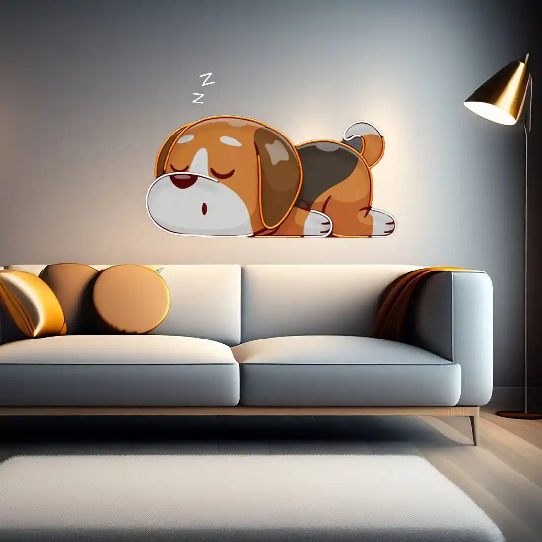 Dog Falling Asleep UV Art LED Neon Sign in orange and white colour by manhattanneons.com