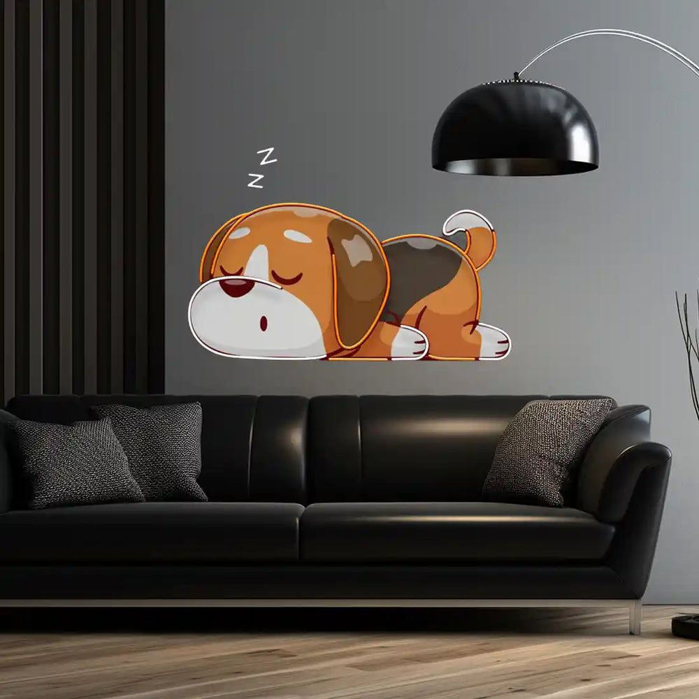 Dog Falling Asleep UV Art LED Neon Sign in orange and white colour by manhattanneons.com