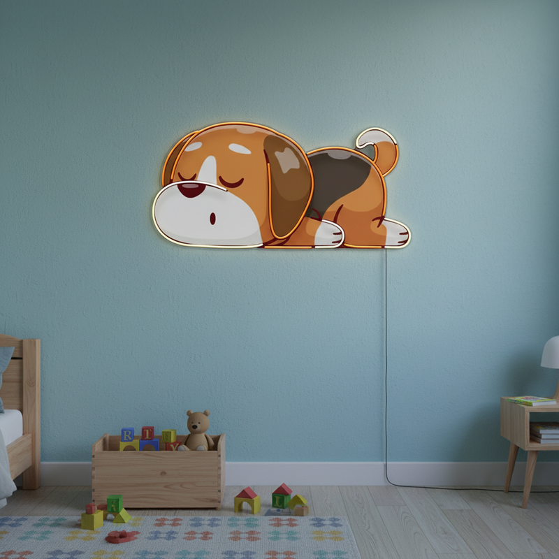 UV LED neon sign featuring Dog Falling Asleep design by Neon.Shop