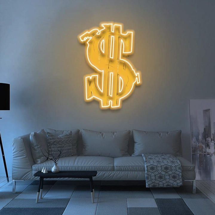 Dollar Sign Graffiti UV Art LED Neon Sign with colorful UV art glow, urban LED wall décor by Neon.Shop