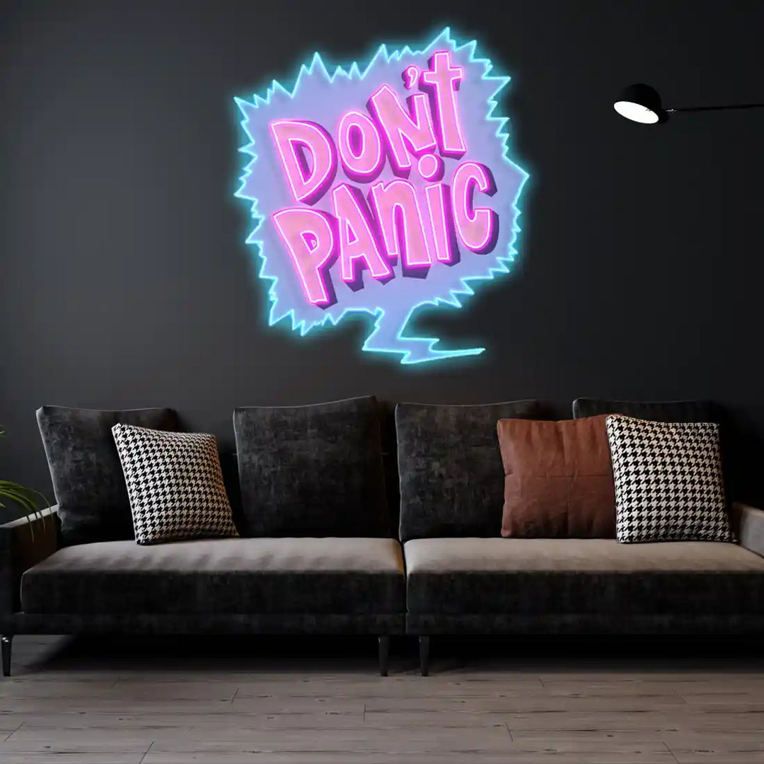 Don't Panic UV Art LED Neon Sign in pink and blue colour by manhattanneons.com