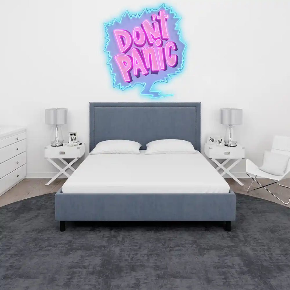 Don't Panic UV Art LED Neon Sign in pink and blue colour by manhattanneons.com