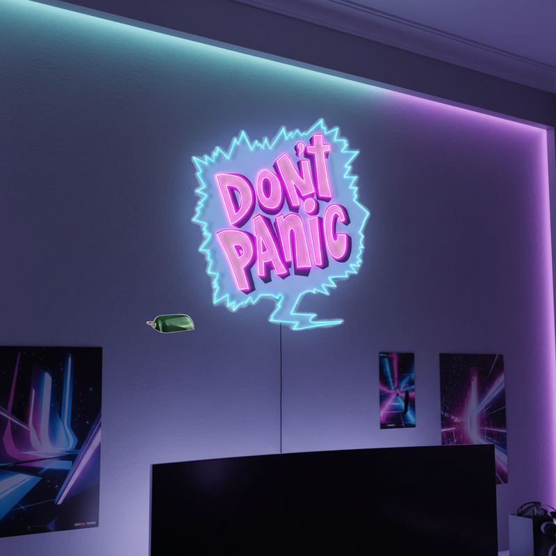 Don’t Panic UV Art LED Neon Sign glowing with vibrant UV art, playful and calming LED wall décor by Neon.Shop