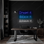 Dream It Believe It Achieve It” Motivational LED Neon Sign by Neon.Shop – bright wall décor for inspiration and modern interiors