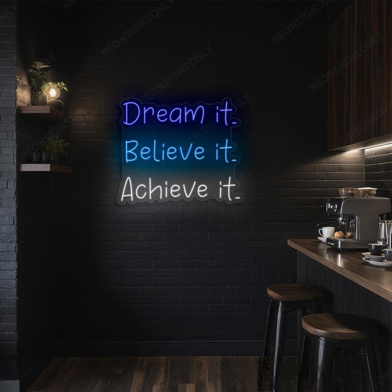 Dream It Believe It Achieve It” Motivational LED Neon Sign by Neon.Shop – bright wall décor for inspiration and modern interiors