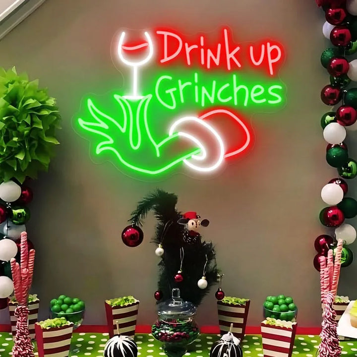 Drink Up Christmas Neon Sign by manhattanneons.com - Add a festive, playful touch to your décor with this drink up neon sign for the holidays.