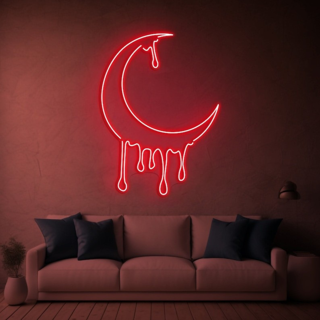 Dripping Moon LED neon sign by Neon.Shop glowing on a wall as artistic and celestial neon décor
