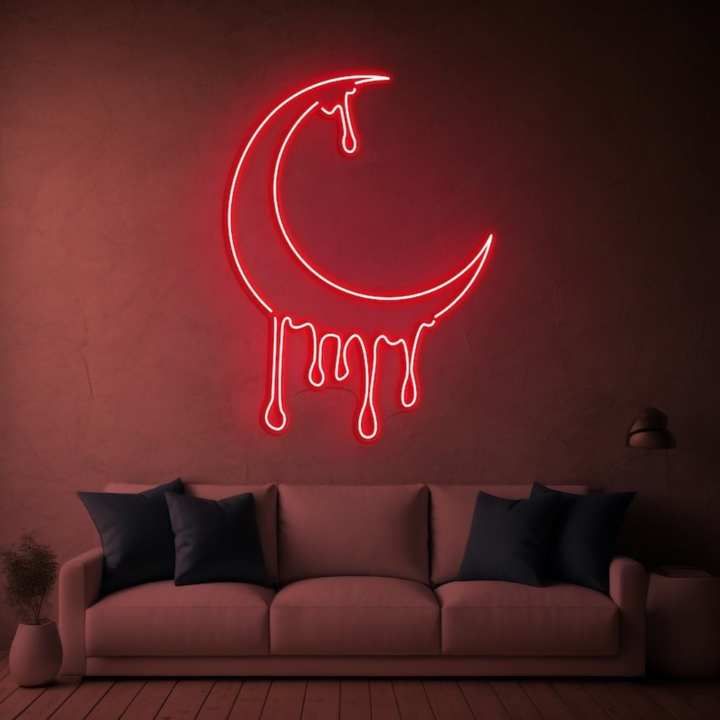 Dripping Moon LED neon sign by Neon.Shop glowing on a wall as artistic and celestial neon décor