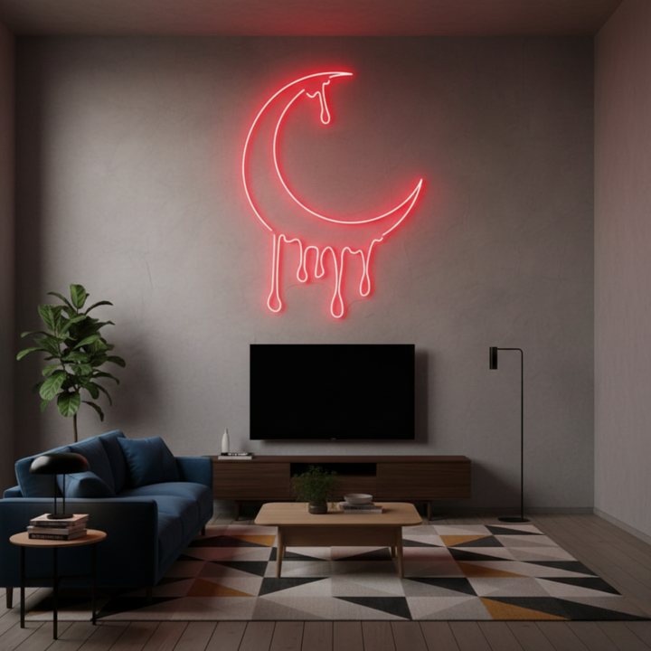 Dripping Moon LED neon sign by Neon.Shop glowing on a wall as artistic and celestial neon décor