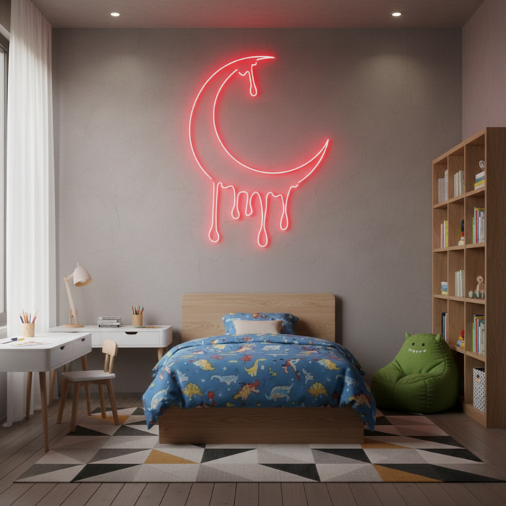 Dripping Moon LED neon sign by Neon.Shop glowing on a wall as artistic and celestial neon décor
