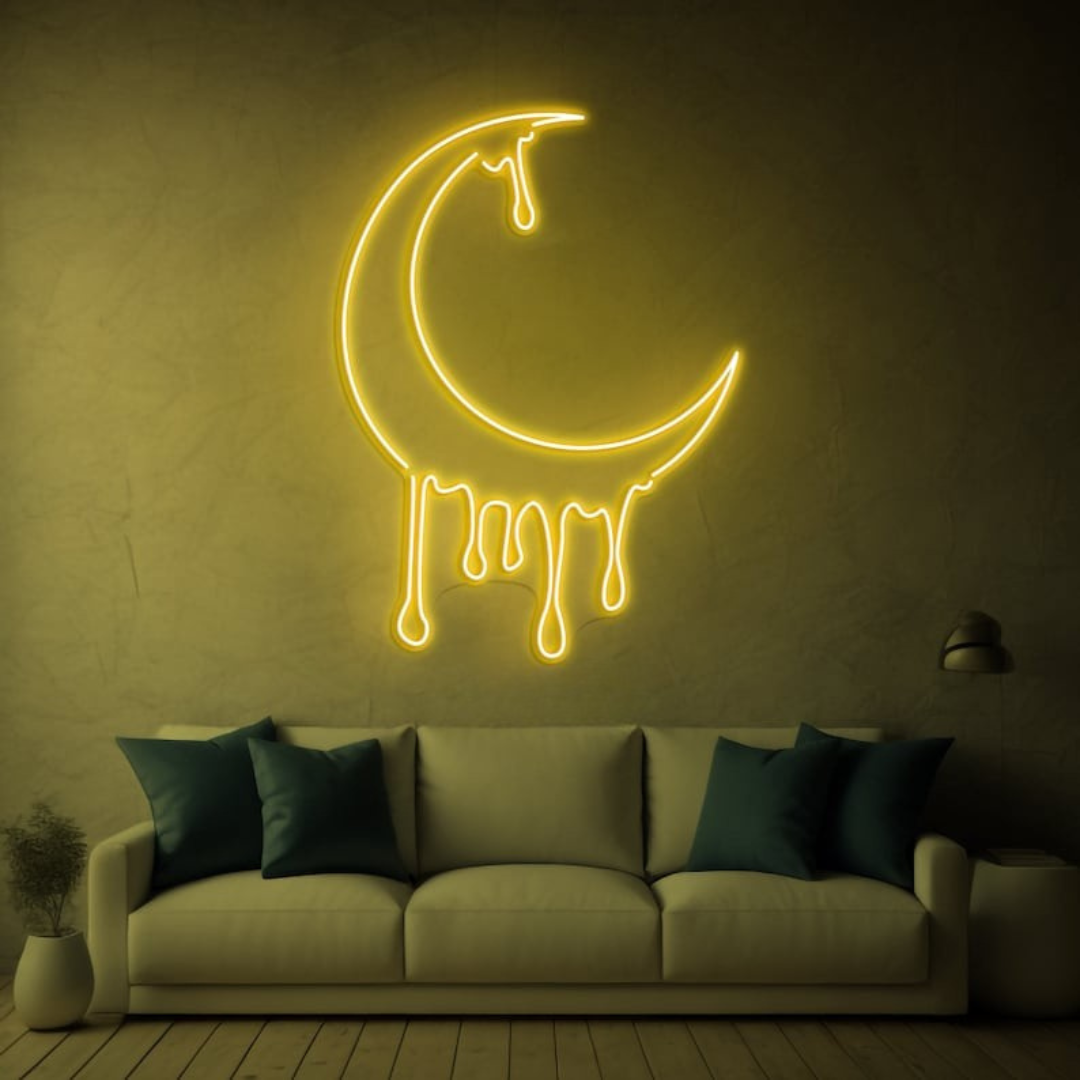 Dripping Moon LED neon sign by Neon.Shop glowing on a wall as artistic and celestial neon décor