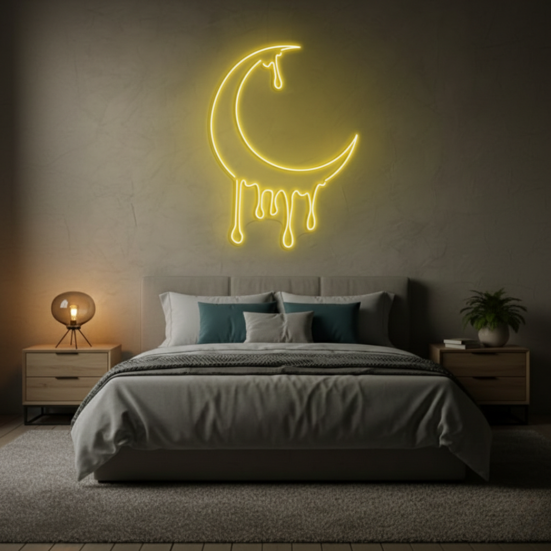 Dripping Moon LED neon sign by Neon.Shop glowing on a wall as artistic and celestial neon décor