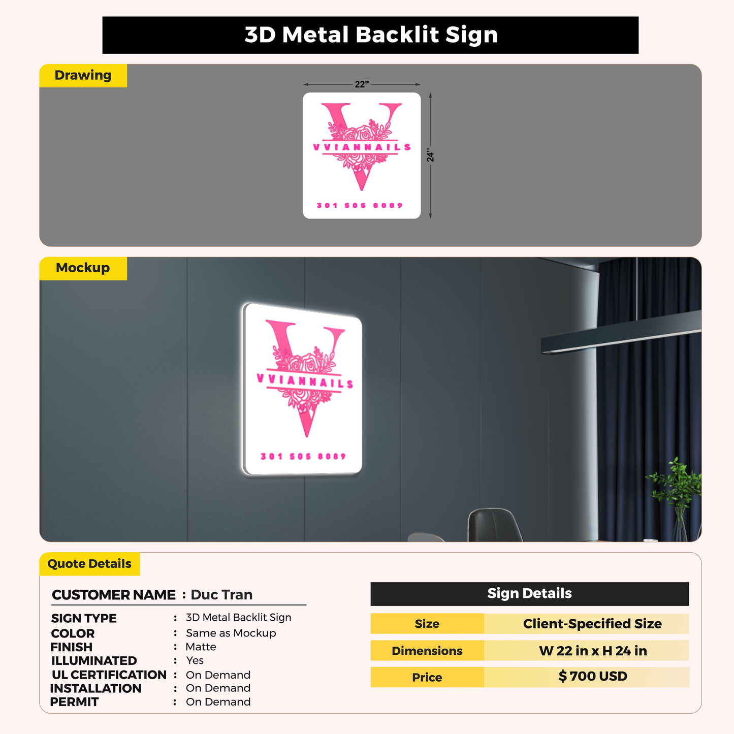 3D Metal Backlit Sign For Duc Tran