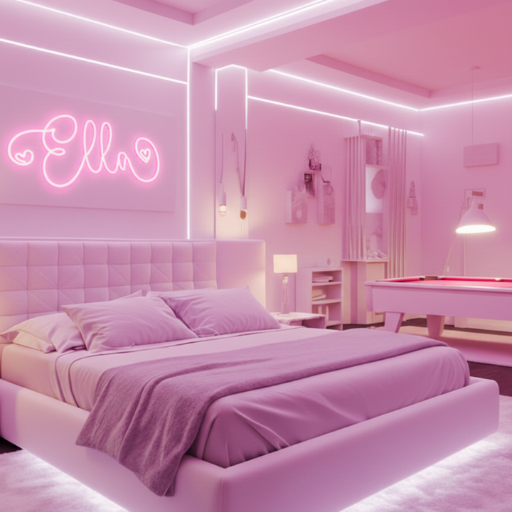 ELLA LED Neon Name Sign by Neon.Shop adding vibrant LED glow to bedrooms, home offices, and living spaces.