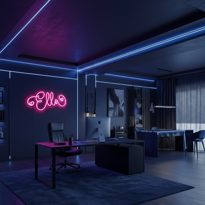 ELLA LED Neon Name Sign by Neon.Shop adding vibrant LED glow to bedrooms, home offices, and living spaces.