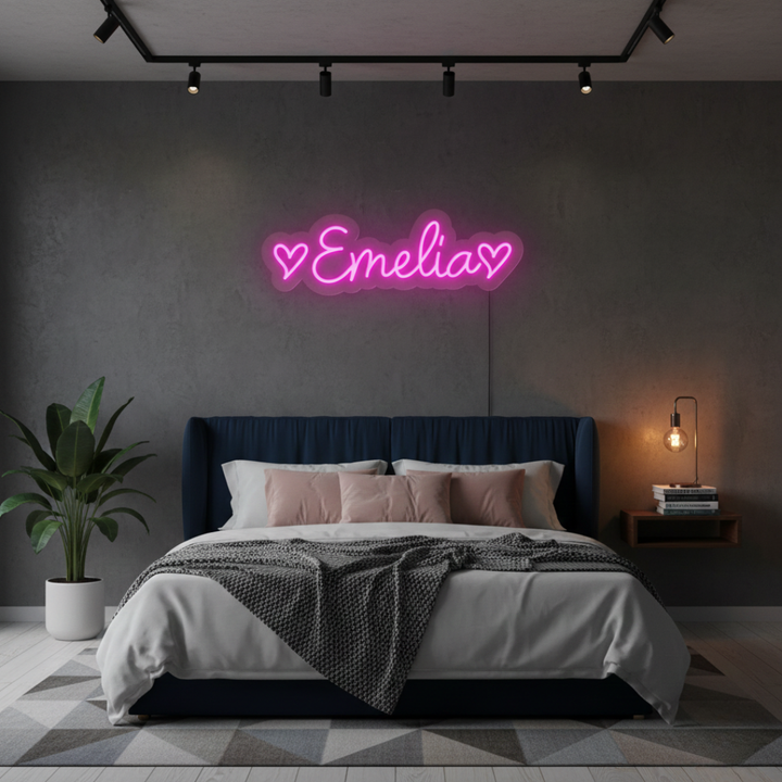 EMELIA Name LED Neon Sign by Neon.Shop glowing brightly, custom LED name light for bedroom décor, nurseries, beauty studios, parties, and modern home styling.