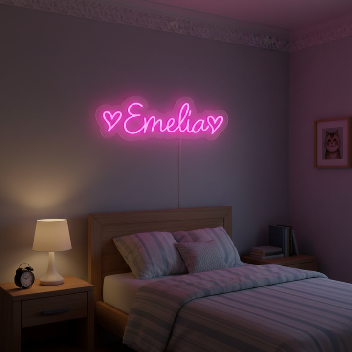 EMELIA Name LED Neon Sign by Neon.Shop glowing brightly, custom LED name light for bedroom décor, nurseries, beauty studios, parties, and modern home styling.