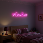 EMELIA Name LED Neon Sign by Neon.Shop glowing brightly, custom LED name light for bedroom décor, nurseries, beauty studios, parties, and modern home styling.
