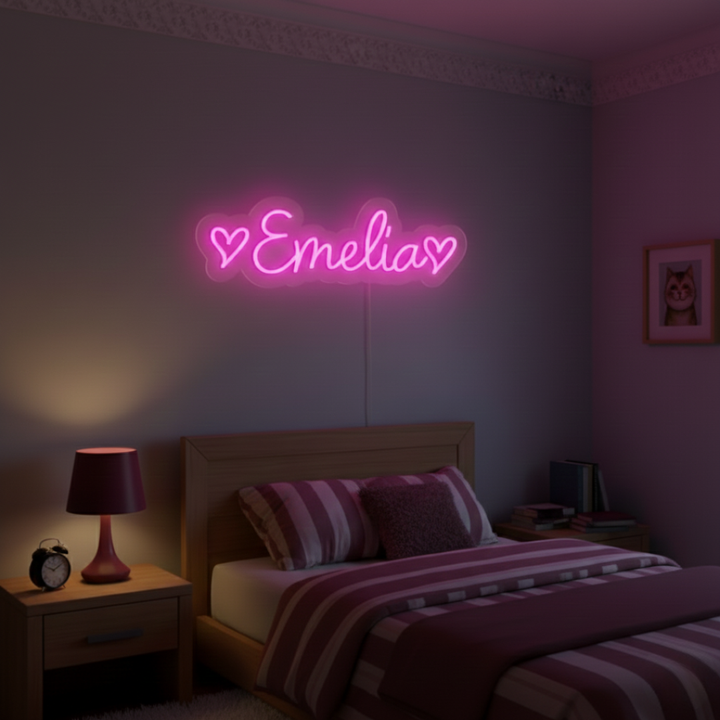 EMELIA Name LED Neon Sign by Neon.Shop glowing brightly, custom LED name light for bedroom décor, nurseries, beauty studios, parties, and modern home styling.
