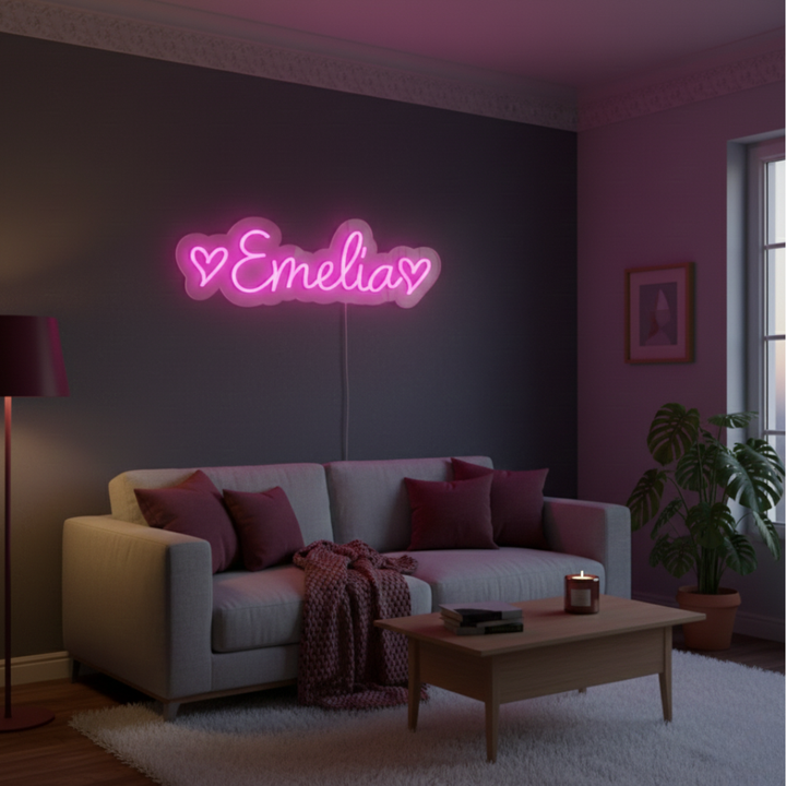EMELIA Name LED Neon Sign by Neon.Shop glowing brightly, custom LED name light for bedroom décor, nurseries, beauty studios, parties, and modern home styling.