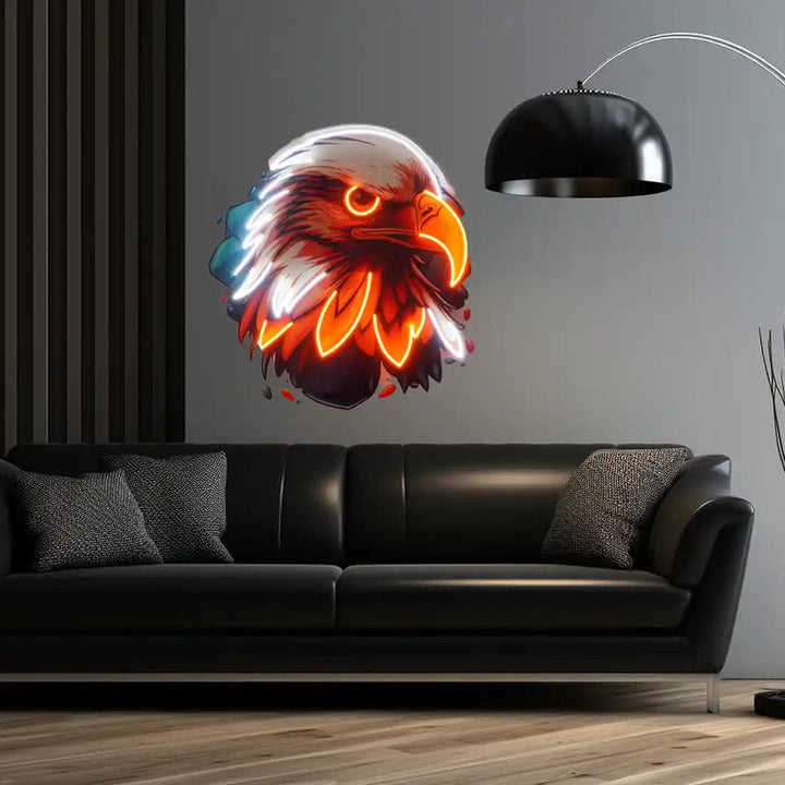 Eagle Head UV Art LED neon sign glowing on wall by Neon.Shop