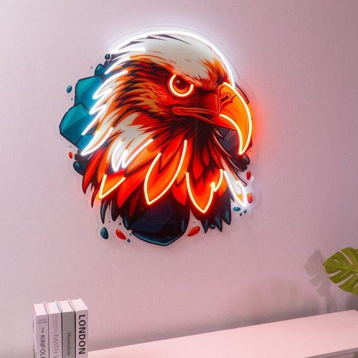 Eagle Head UV Art LED neon sign glowing on wall by Neon.Shop