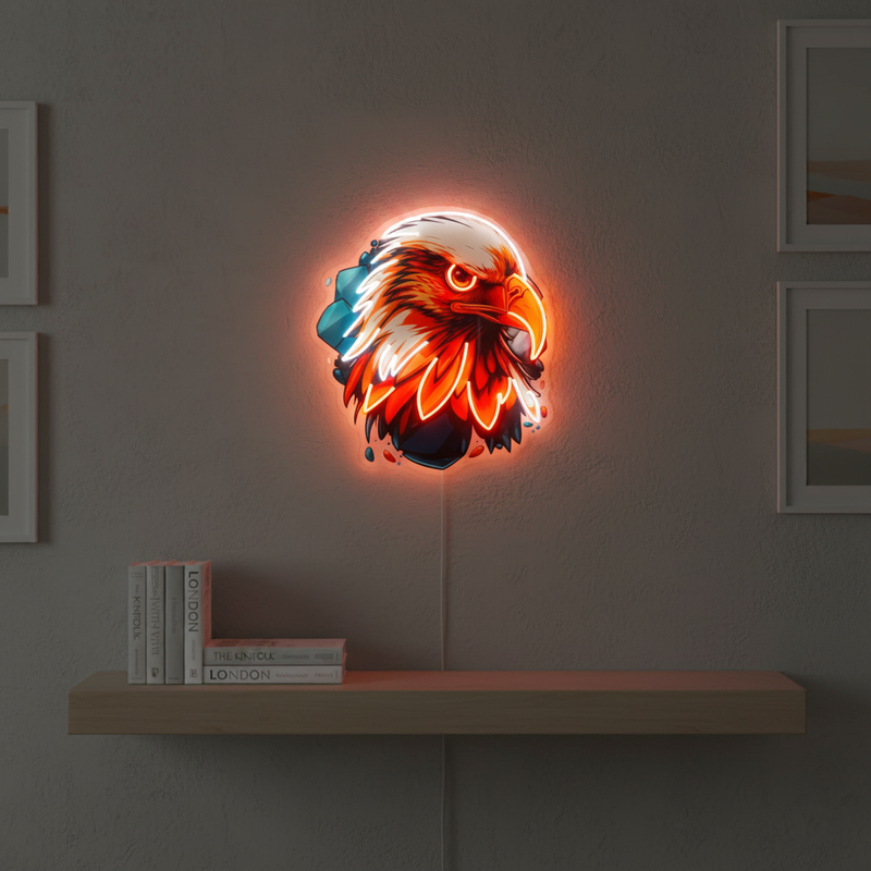 Eagle Head UV Art LED neon sign glowing on wall by Neon.Shop