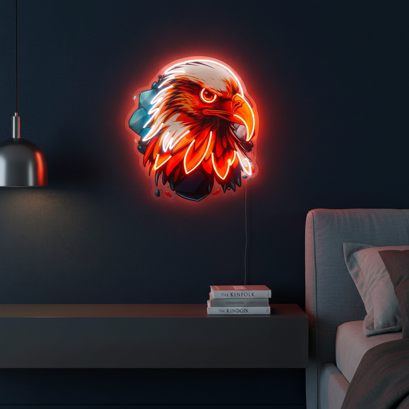 Eagle Head UV Art LED neon sign glowing on wall by Neon.Shop