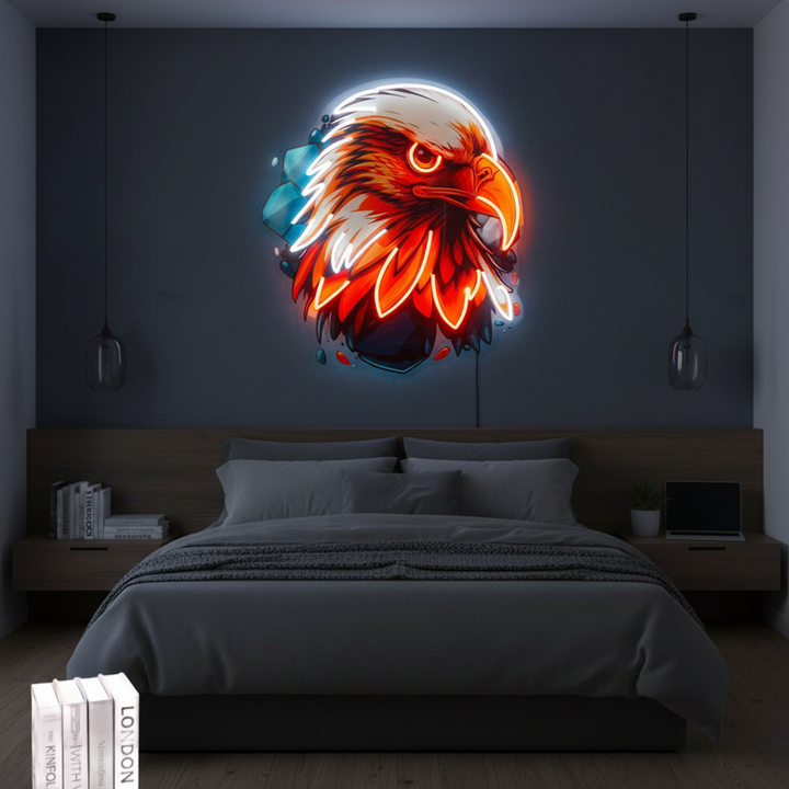 Eagle Head UV Art LED neon sign glowing on wall by Neon.Shop