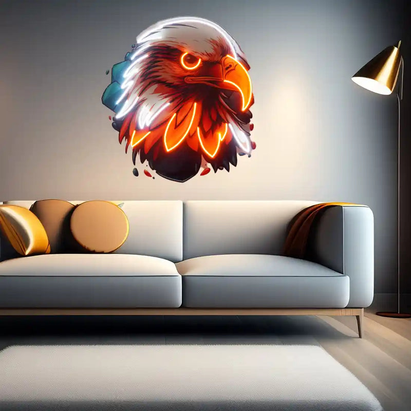 Eagle Head UV Art LED neon sign glowing on wall by Neon.Shop