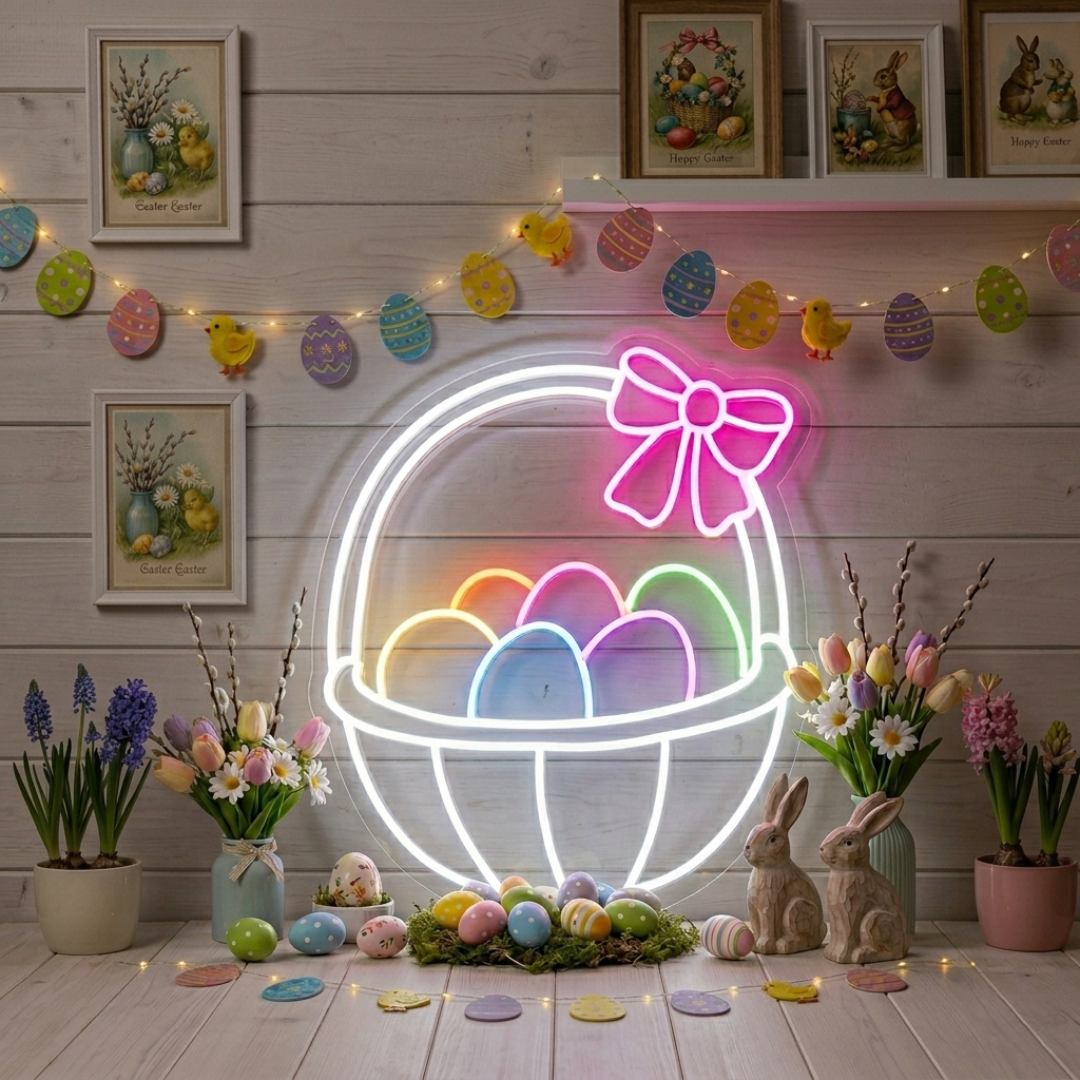 Easter Basket Egg LED Neon Sign colorful Easter eggs in basket neon light by Neon.shop
