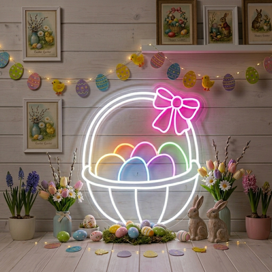 Easter Basket Egg LED Neon Sign colorful Easter eggs in basket neon light by Neon.shop