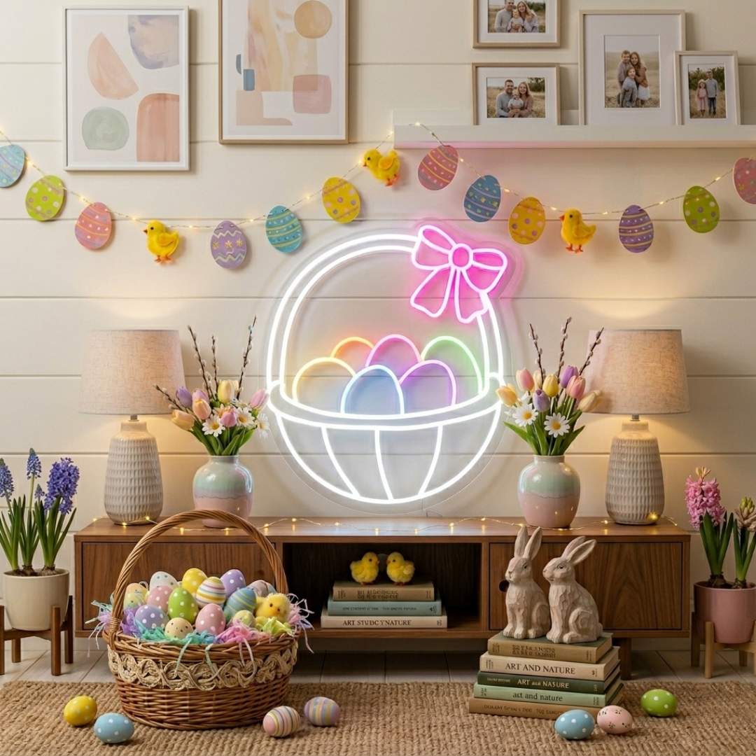 Easter Basket Egg LED Neon Sign colorful Easter eggs in basket neon light by Neon.shop